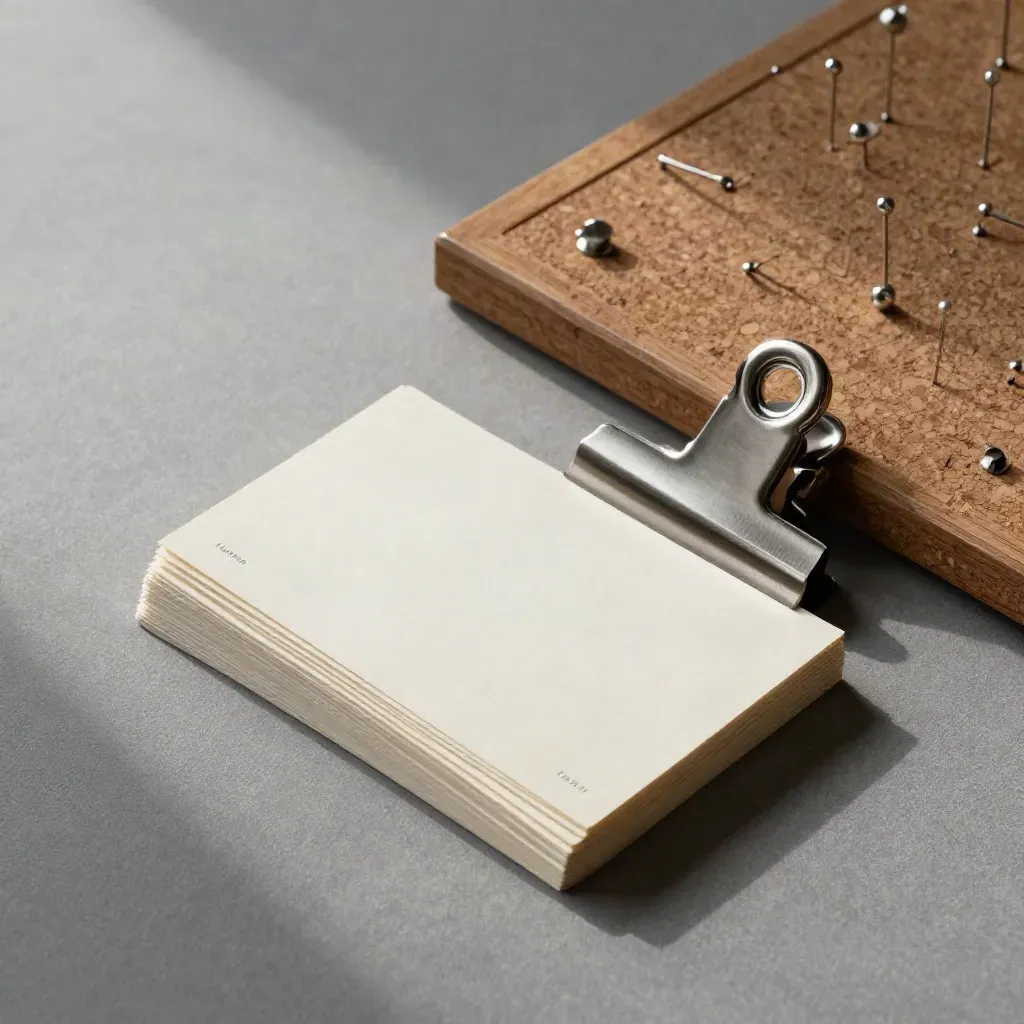 Fanned naming cards, clipped drafts and a cork pinboard on a hazy branding table.