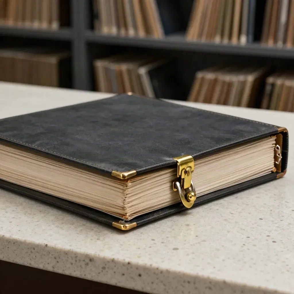 Dark folder with brass clasp and slipping sleeves on a travertine archive table, lit cinematically.
