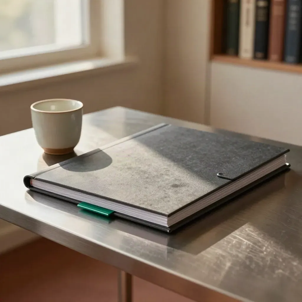 Investor briefing set on a brushed table in warm window light, ready to leave the room.
