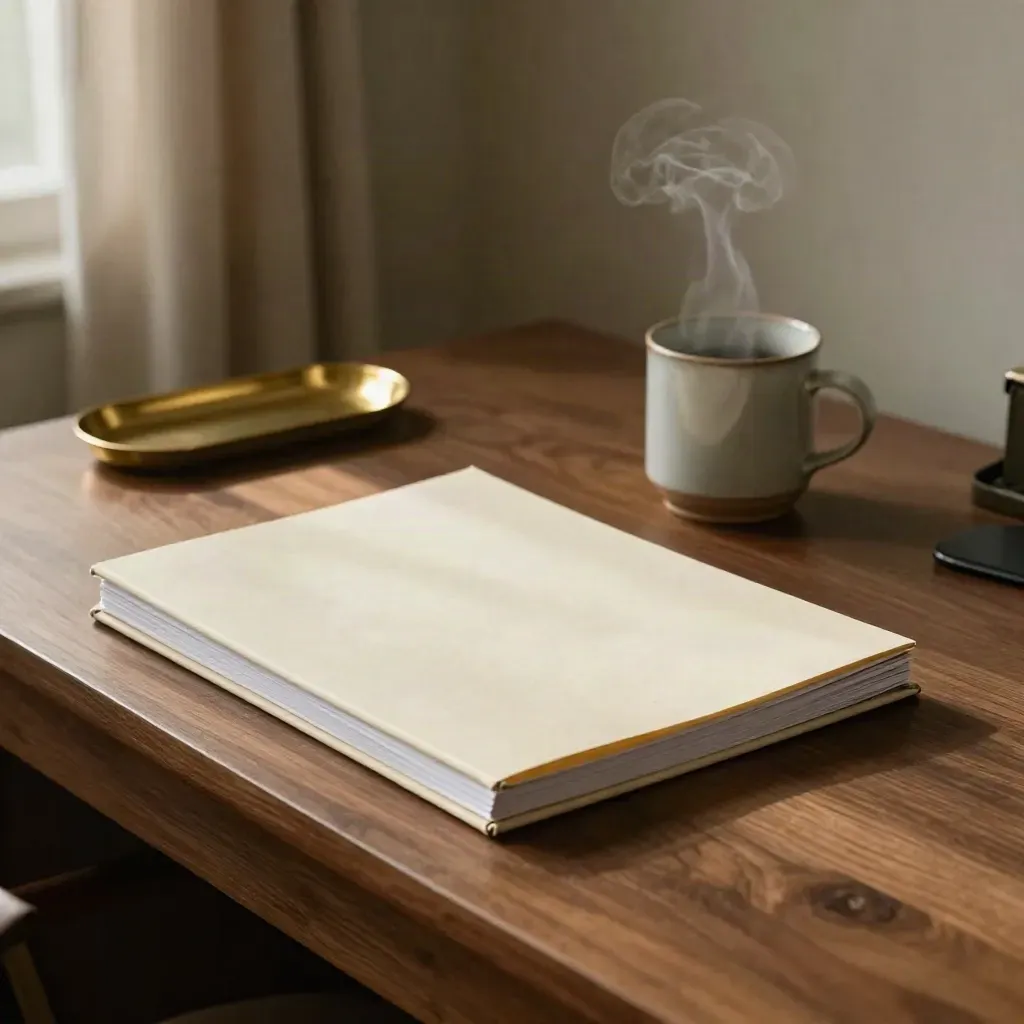 Valuation dossier, steaming mug, and brass tray on a modest office desk in warm morning light.