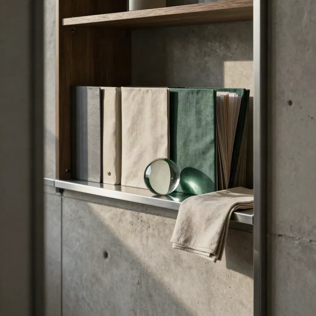 Hazy advisory archive shelf with folders, paperweight and folded cloth.