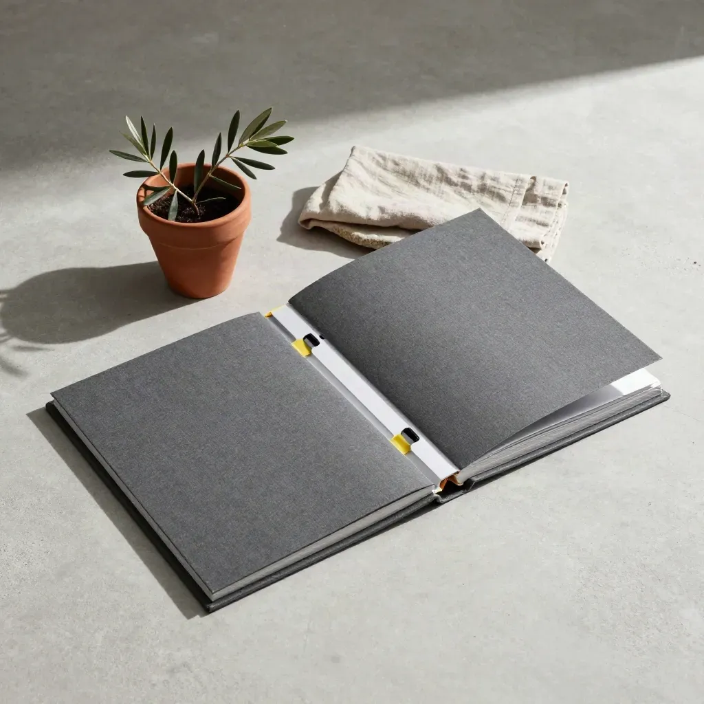 Open audit binder with tabs, olive branch, linen cloth and stone dish on pale concrete.