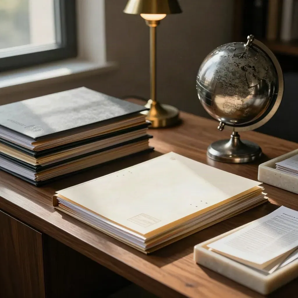 Charcoal folders, globe sculpture, and clipped reference sheets on a walnut sideboard.